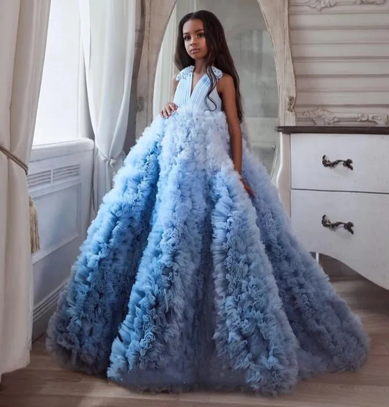 

Sky Blue Ruffles Ball Gown Princess Flower Girl Dress for Wedding Big Bottom Luxury Elegant Girls Pageant Gowns Size 1-14Y