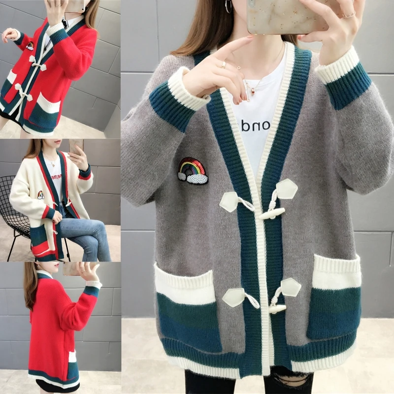 

Women Autumn Winter Long Sleeves Knitted Cardigan Sweater Double-breasted Horn Button Stitching Color Casual Coat Mid-length Loo