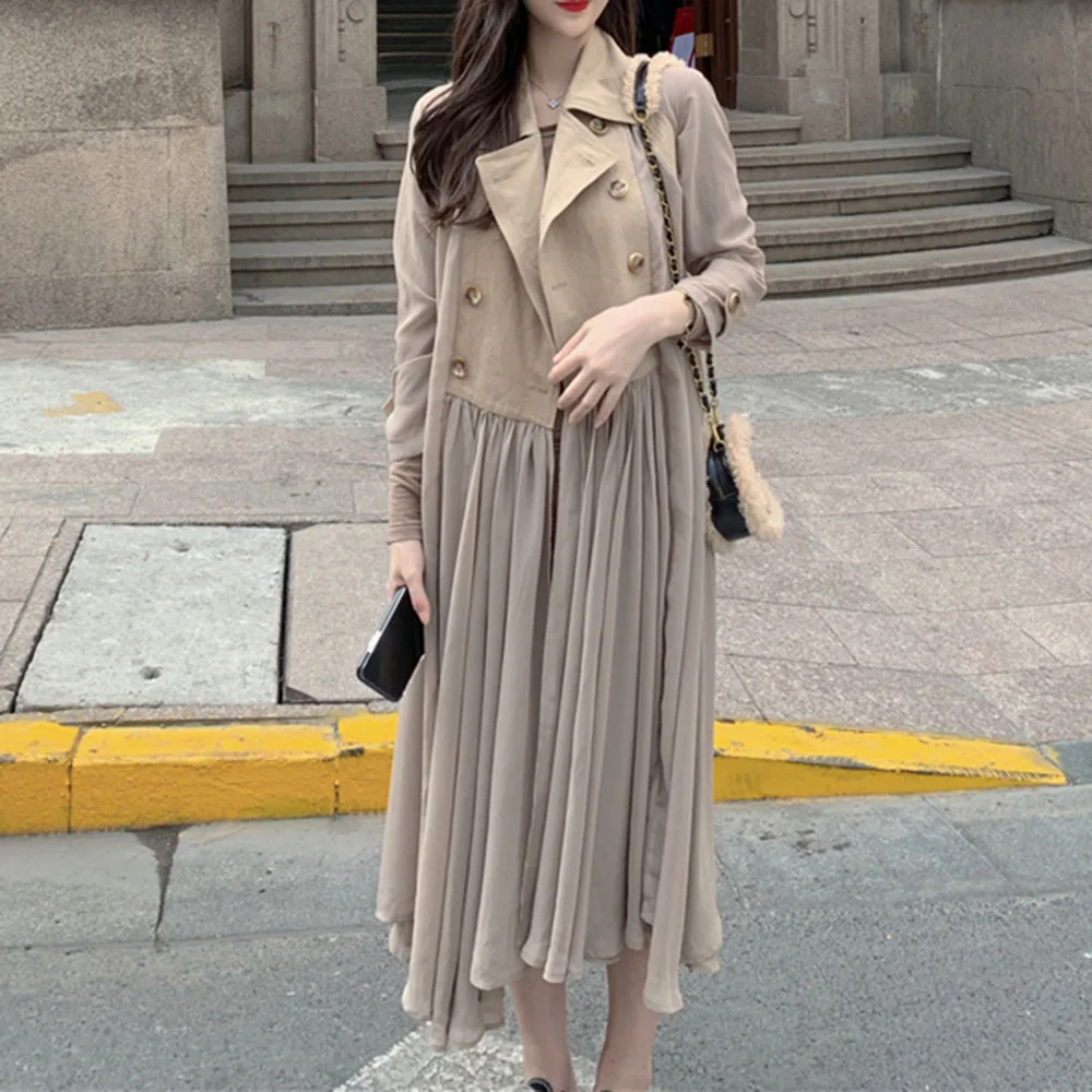 

Lace Patchwork Windbreaker Female Autumn Korean Over The Knee Mid-Length Long Wild Double Breasted Long Sleeves Coat 2020 Hot