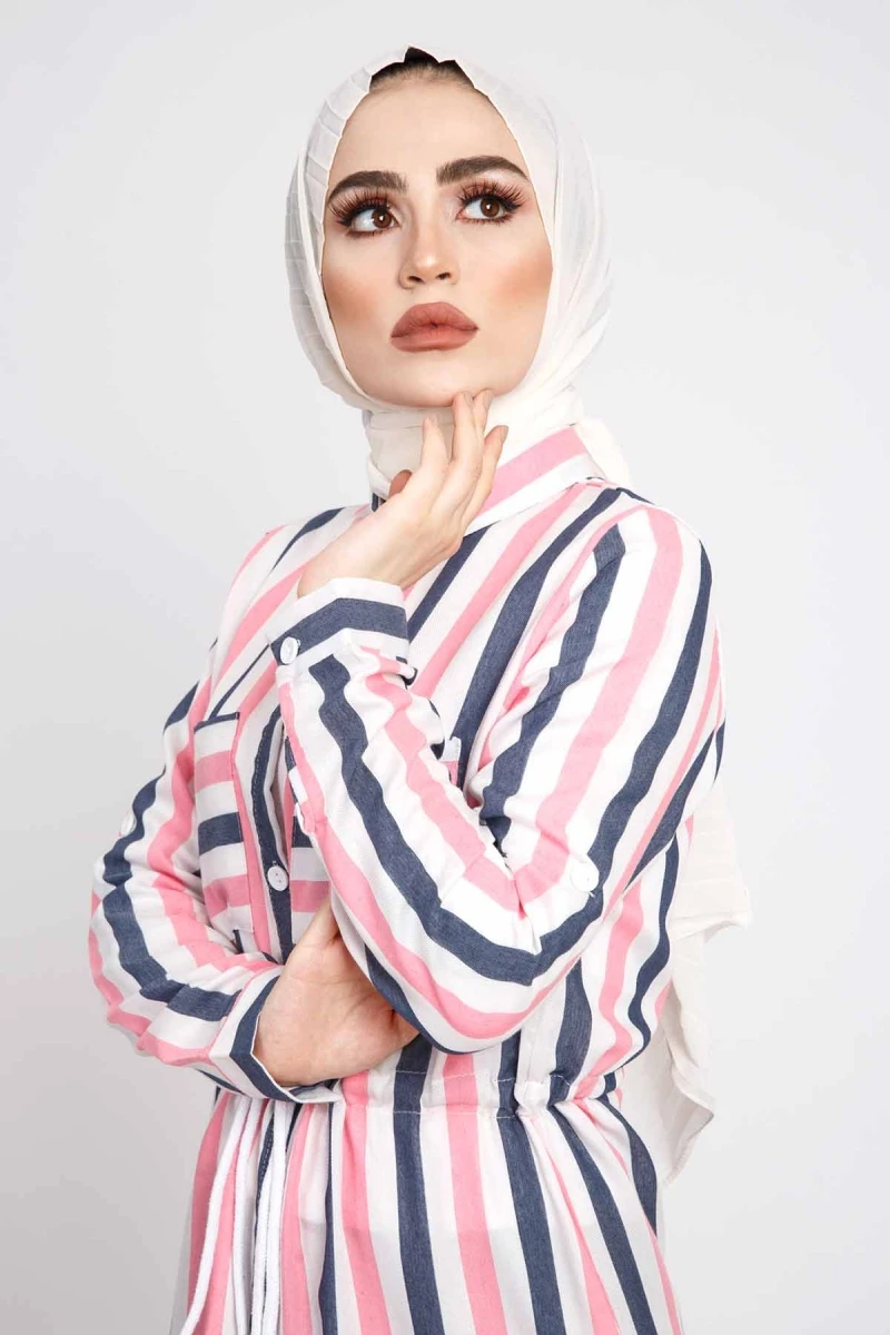 Разноцветное льняное платье в полоску TSD168 розовый|Женские платья| |