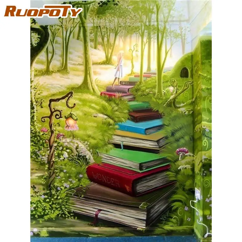 

RUOPOTY The Forest Book Road Landscape Painting Framed Paints By Numbers Kits For Kids Beginner HandPainted Diy Gift Wall Photos