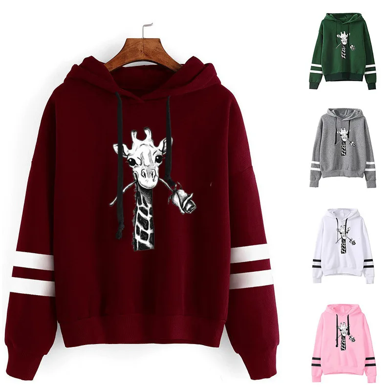 

Women Hoodie Giraffe Holding Rose Printed Hoodies Women Double Striped Long Sleeve Fleece Sweatshirt with Hat Girls Pullovers