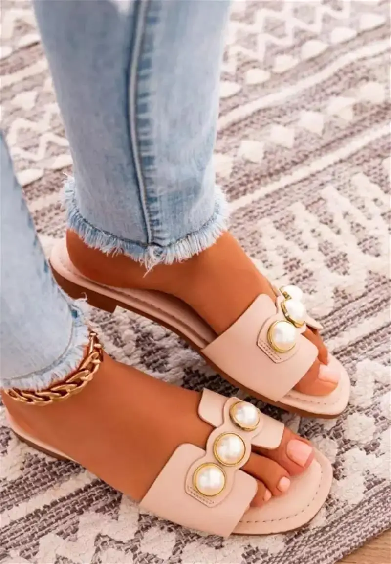 

2021 New Women's Shoes Fashion Casual Solid Color PU Pearl Decoration Open Toe Flat Heel Soft and Comfortable Sandals 6KF101