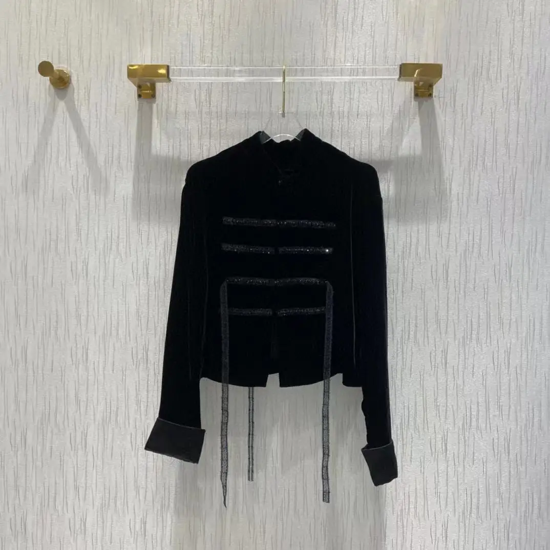 

New Fashion Runway 2021 Designer Jacket Women's Long Sleeve Velvet Black Lace Tassel Solid Hot Sale Jacket Outer Coat