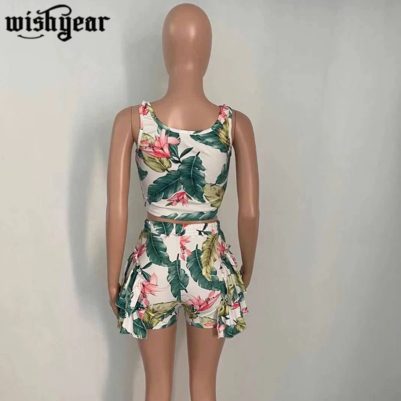 

Beach Bohemian Print Two Piece Set Woman Sleeveless Crop Top And High Wais Elastic Ruffles Shorts Casual Tracksuit