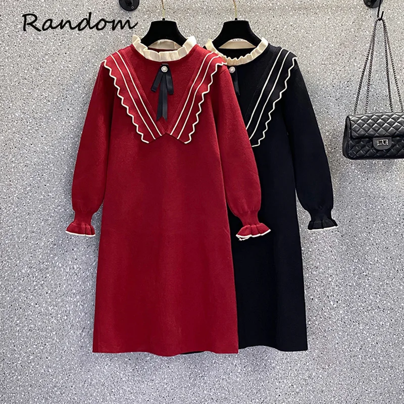 

Женское трикотажное платье, винтажное платье с круглым вырезом, длинным рукавом и бантом, зима 2021