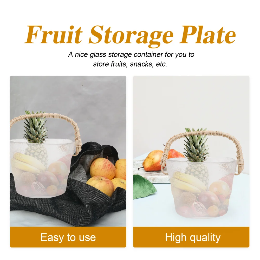 

1PC Manual Rattan Woven Glass Fruit Tray Fruit Plate Basket Decor (Beige Handle)