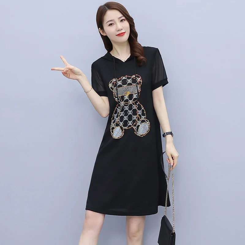 

Summer new V-neck dress 2021 mid-length bear T-shirt was thin skirt