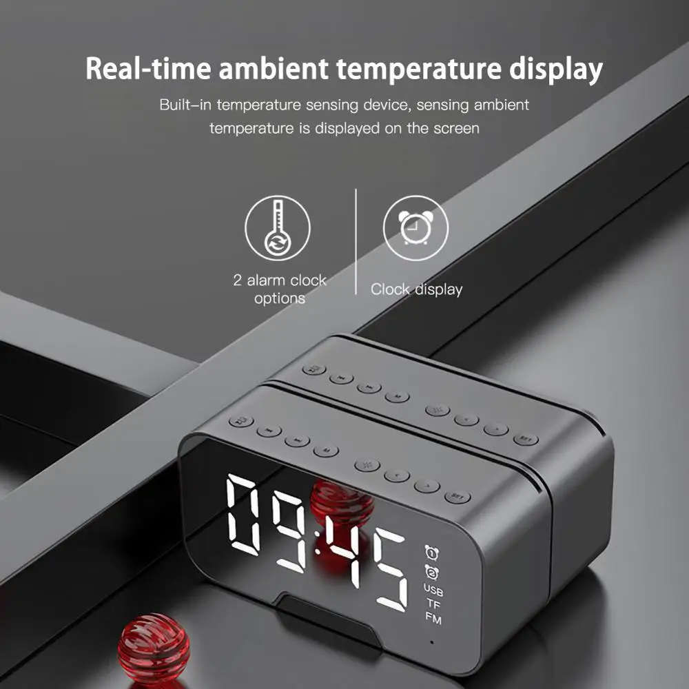 

Bluetooth Speaker with FM Radio LED Mirror Alarm Clock Subwoofer Music Player Snooze Desktop Clock Wireless