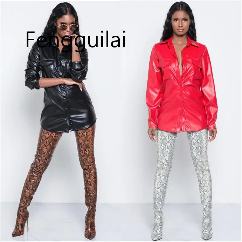 

PU Leather Blouses Women Sexy Long Sleeves Buttons Club Wear Sexy Lady Shirts Temperament Loose Camisa Mujer Tops Blouse Tops