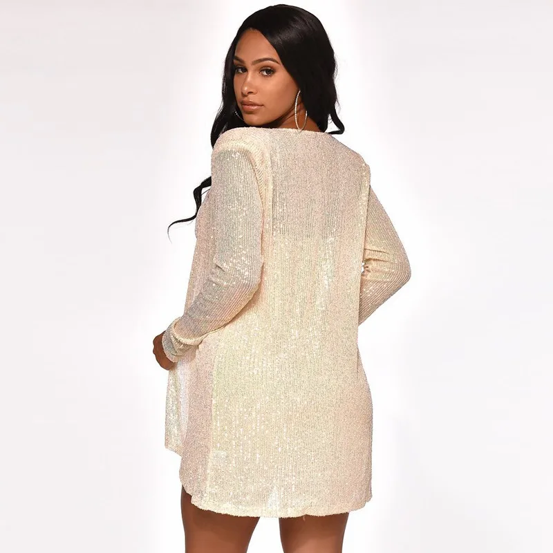 PFFLOOK летний блестящий сексуальный комплект из двух предметов, v-образный вырез, длинный рукав, облегающее Женское пальто, короткая юбка комплект, клубный комплект из двух предметов для женщин