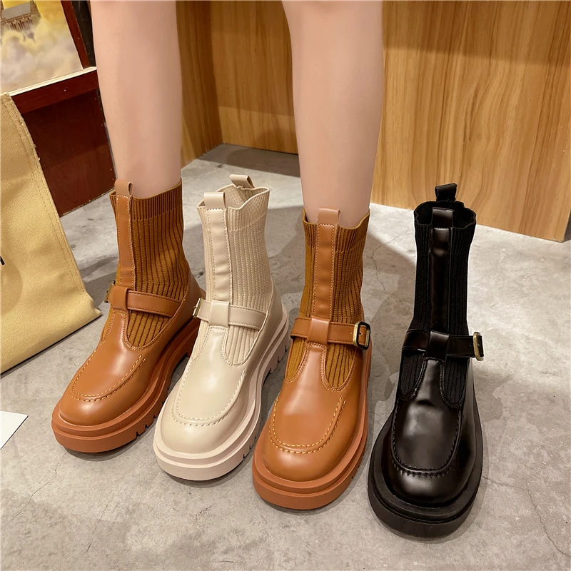 

Женские ботинки с круглым носком, до середины икры, из хлопчатобумажной ткани