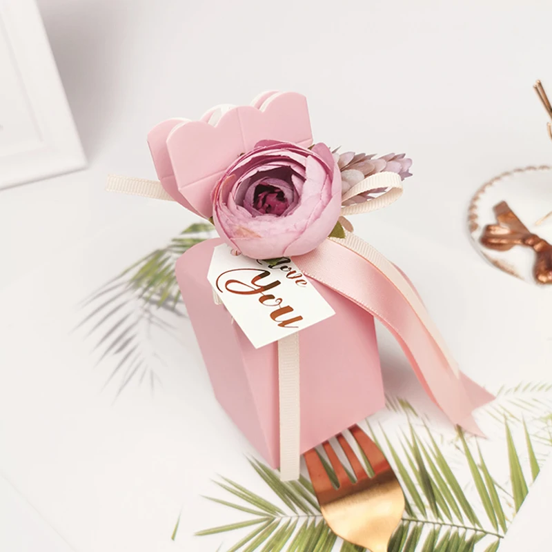 

25pcs/lot vase shaped candy box Romantic flower paperboard gift box wedding flower boxes pink candy bag ribbon Party Supplies