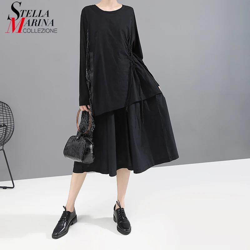 Новый 2019 корейский стиль Для женщин осень Платье черного цвета с длинным рукавом