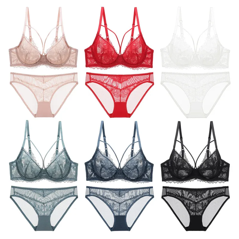 

Women Sexy Transparent Lace Bra Panty Set Big Chest Looks Smaller Thin No Sponge Sheer See Through Lingerie Set
