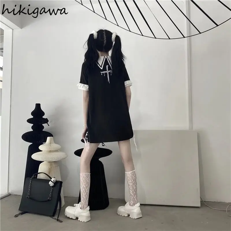 

Hikigawa Women Dress Japanese Preppy Style Navy Collar Cross Embroidery Bandage Vestidos Short Sleeve Slim Fashion Mini Dresses