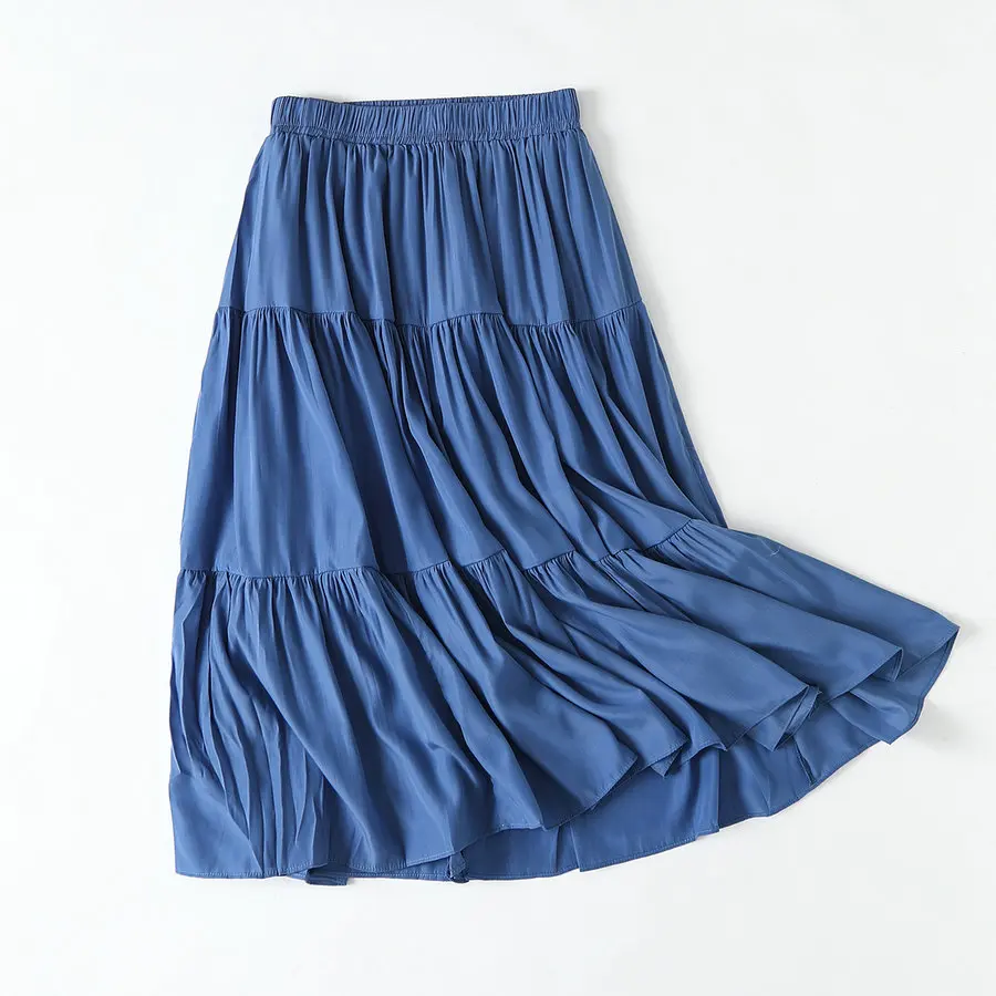 

Women Spring Summer Retro Skirt Black Green Blue White Pink Patchwork Elastic Waist Calf Length Skirts Female Clothes