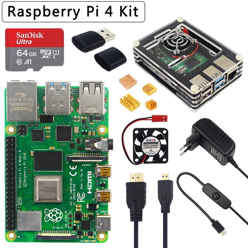 Bestellen Raspberry Pi 4 Modell B 2 4 8 GB RAM Optional 32 64 128 GB SD Karte Fall Fan Power Adapter HDMI-kompatibel Kabel Für Pi 4