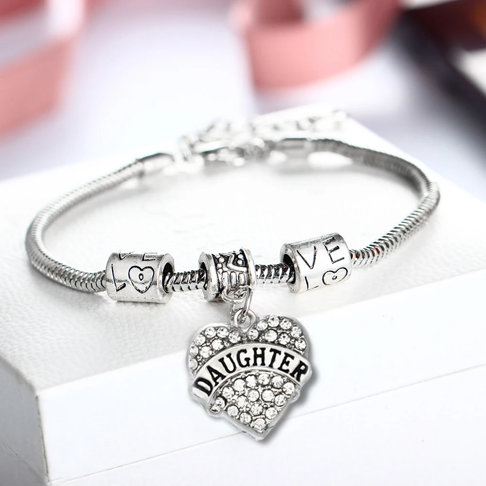 

12PC Clear Crystal Love Heart Daughter Charms Prendant Bracelets Women Girls Family Dad Mom Love Daughter Gifts Bead Bangles Hot