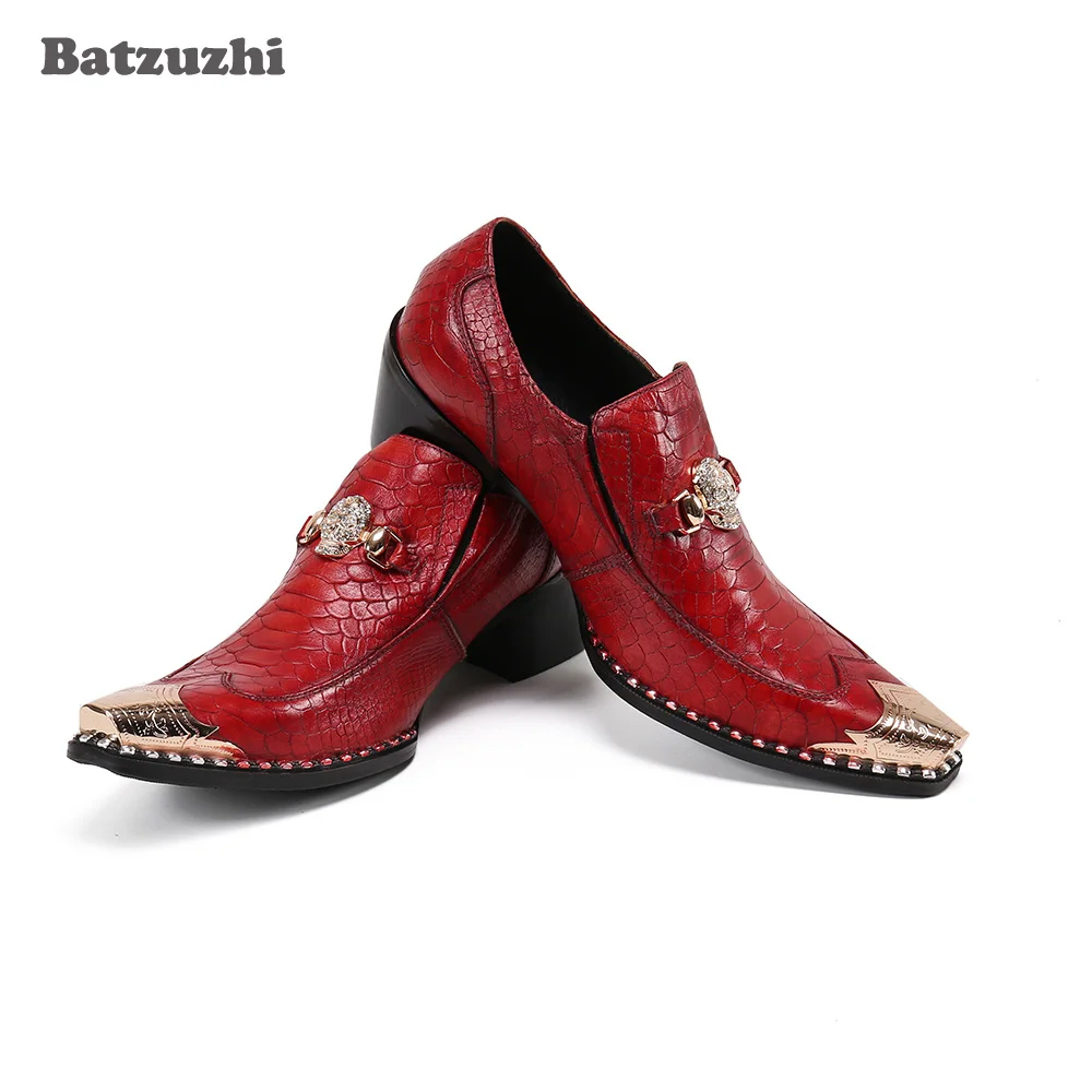 

Batzuzhi Leather Shoes 6.5cm High Heel Men Formal Business Dress Shoes Vintage Metal Pointed Toe Red Wedding and Party Shoes Men