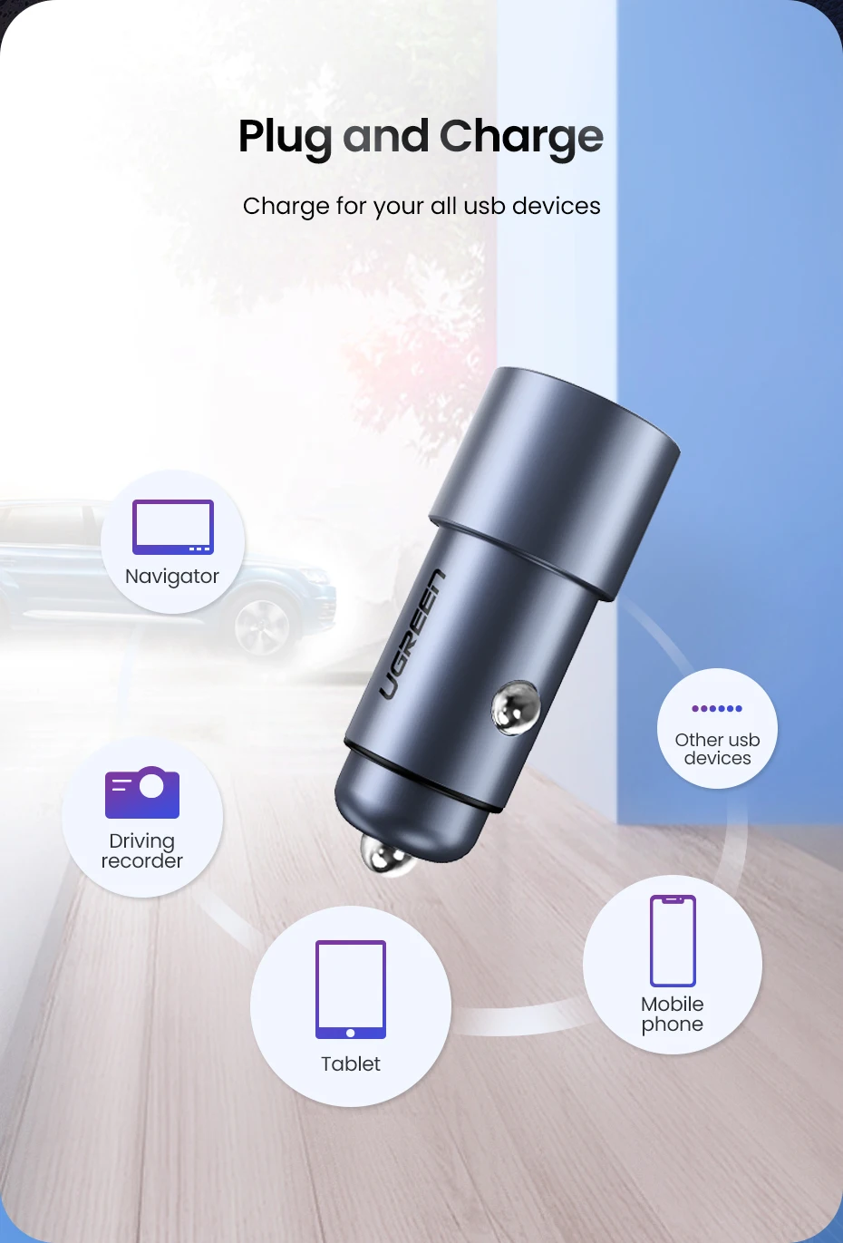 Ugreen 5V 3.6A металлическое двойное USB Автомобильное зарядное устройство для iPhone X 8 7 XS Xiaomi mi9 Samsung S8 S9 быстрое универсальное автомобильное зарядное устройство для мобильного телефона