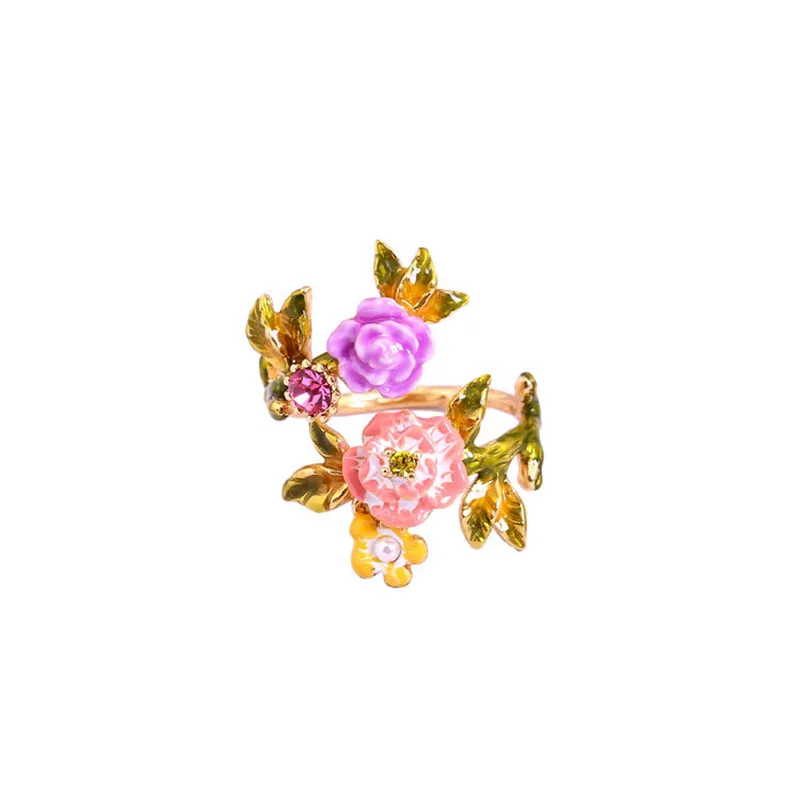 

Handicraft Ethnic Style Handmade Enamel Fresh Flower Opening Adjustable Ring Fashion Trend Exquisite Elegant Ring Female