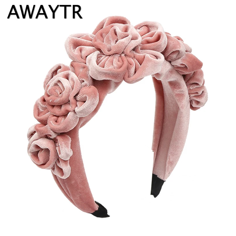 AWAYTR New Solid Color Peony Flower Velvet Hairband for Women Winter Headdress Ladies Ball Party Retro Fashion Accessories