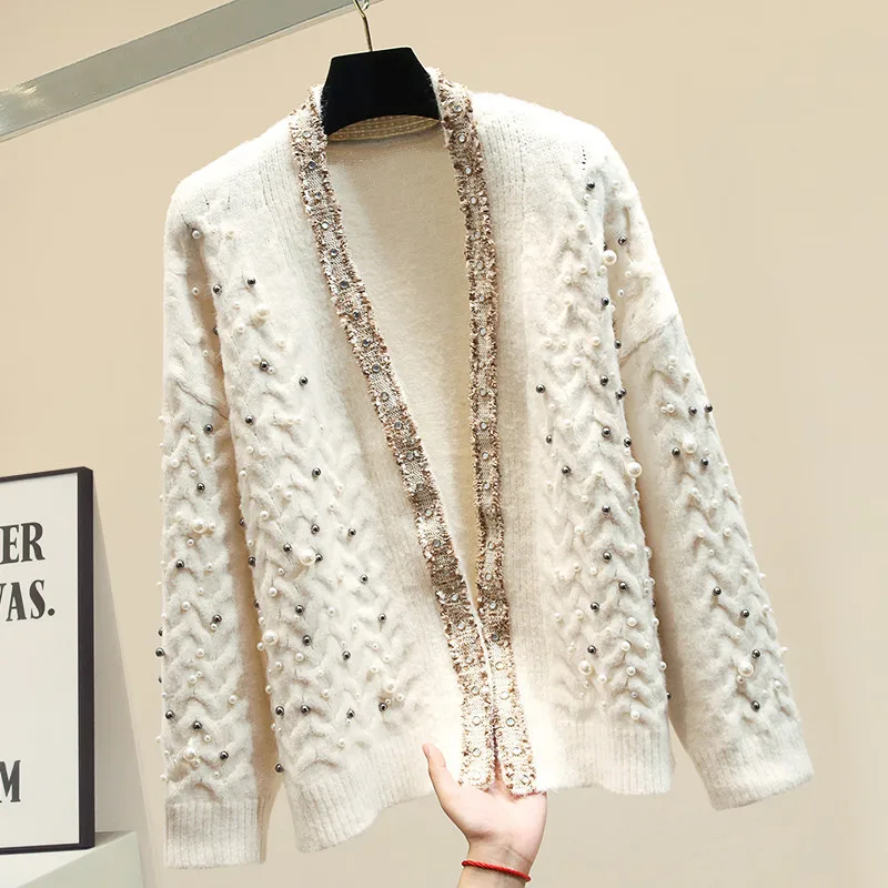 2019 Осень Зима тяжелая промышленность жемчуг твист вязаный Открытый свитер