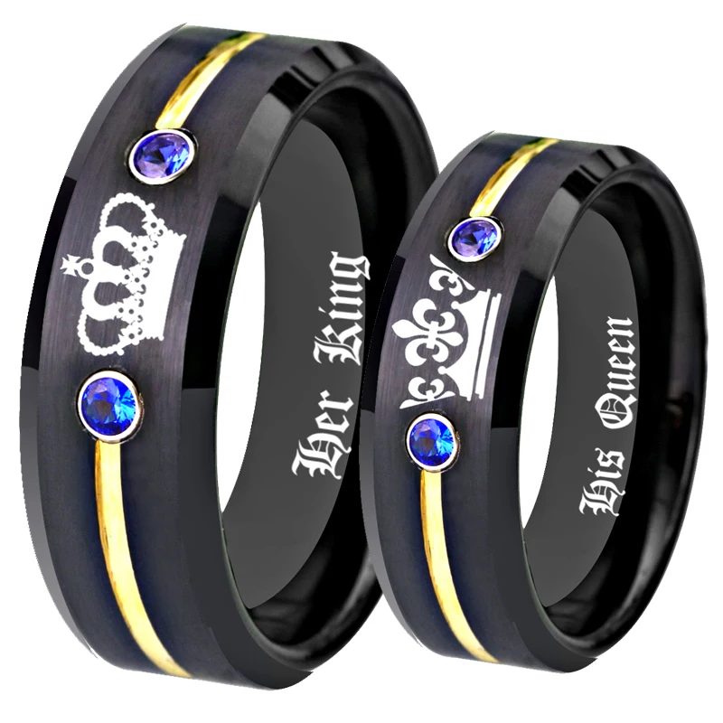 

Anniversary Gift Wedding Rings Set HIs Queen- Her King Ring Black Tungsten With Bllue CZ Women Ring for Wedding Men's Ring