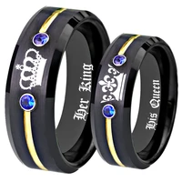 anniversary gift wedding rings set his queen her king ring black tungsten with bllue cz women ring for wedding mens ring