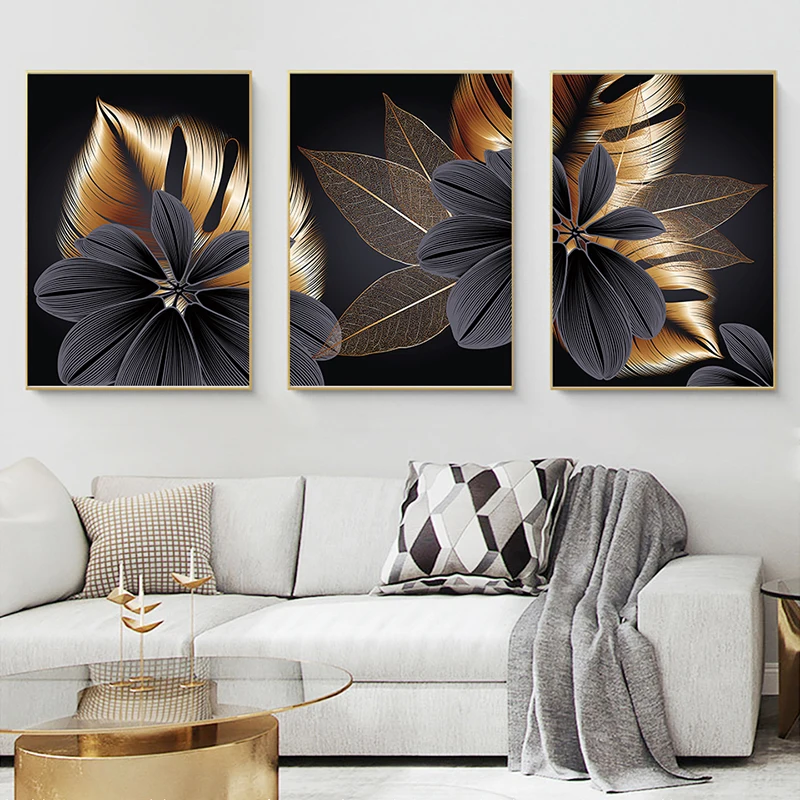 

Abstract Black Golden Plant Leaf Canvas Poster Print Modern Home Nordic Decor Wall Art Painting Living Room Decoration Picture