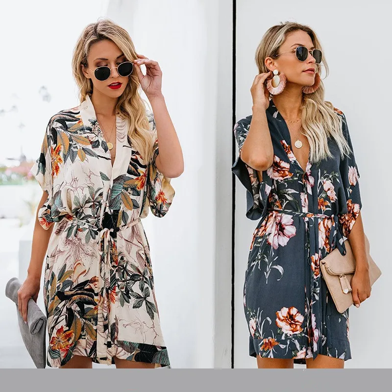 

Spring Fashion Women Short Dress 2020 Vintage Floral Print Women Dress Deep V Neck Sashes Short Sleeve Mini Dress Drop Shipping