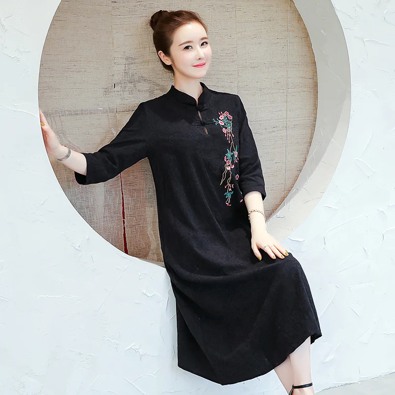 Платье женское хлопково-льняное в китайском ретро стиле винтажное вечернее