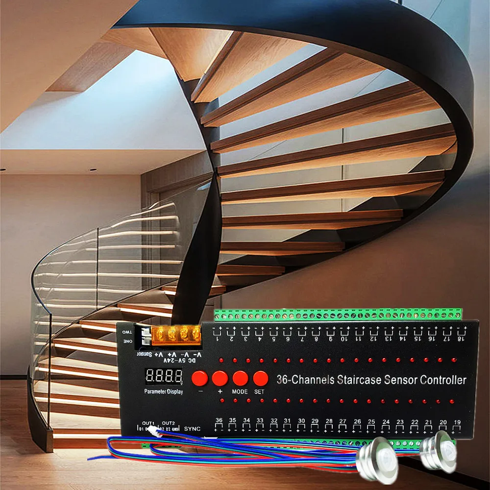

PIR Motion Sensor Stair LED Light Strip Controller DC 5-24V 36-Channels 2 IN 1 SPI Pixel Addressable Step Staircase Controler