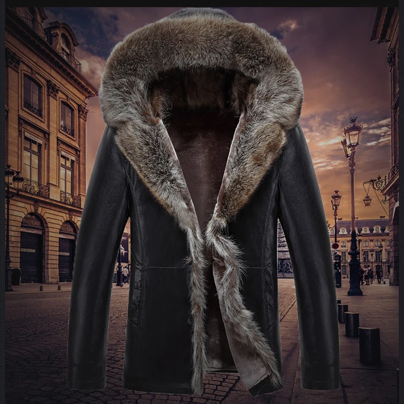 Мужская кожаная куртка с капюшоном и воротником из натурального меха большие
