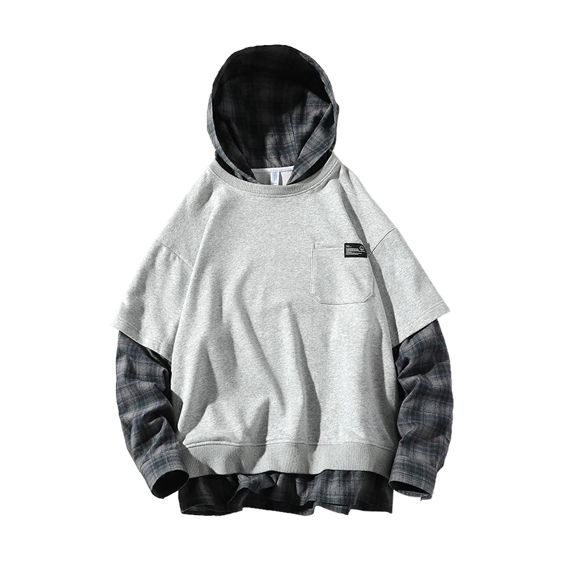 

Spring Autumn Patchwork Hoodies Mens Hip Hop Fake Two Pieces Hooded Sweatshirts Mens Korean Hoodies Male Clothes