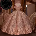 Розовое Золотое платье с блестками и аппликацией, 2022, с открытыми плечами и рюшами, пышная юбка, милое платье 16 лет, платья 15 лет