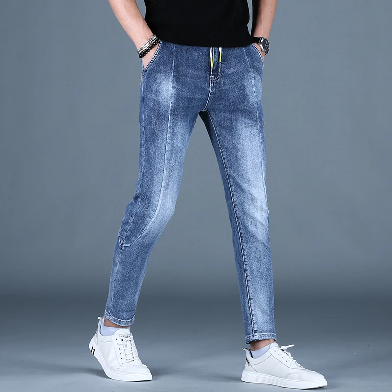 Mens Fashion Spliced Blue Jeans Men Summer Casual Embroidery Slim Fit Pencil Pants