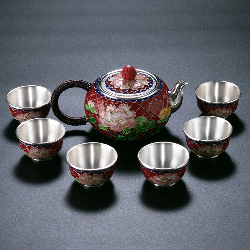 

Teapot and cup set sterling silver 999 pure handmade cloisonne tea set set [6 cups + teapot]