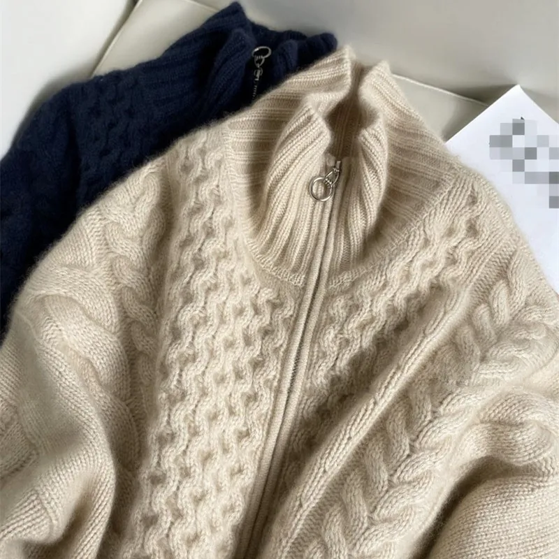 Autumn And Winter New Thick Turtleneck Cashmere Knitted Cardigan Women's Loose Wool Sweater Cardigan Larg Size Female Jacket Top images - 6