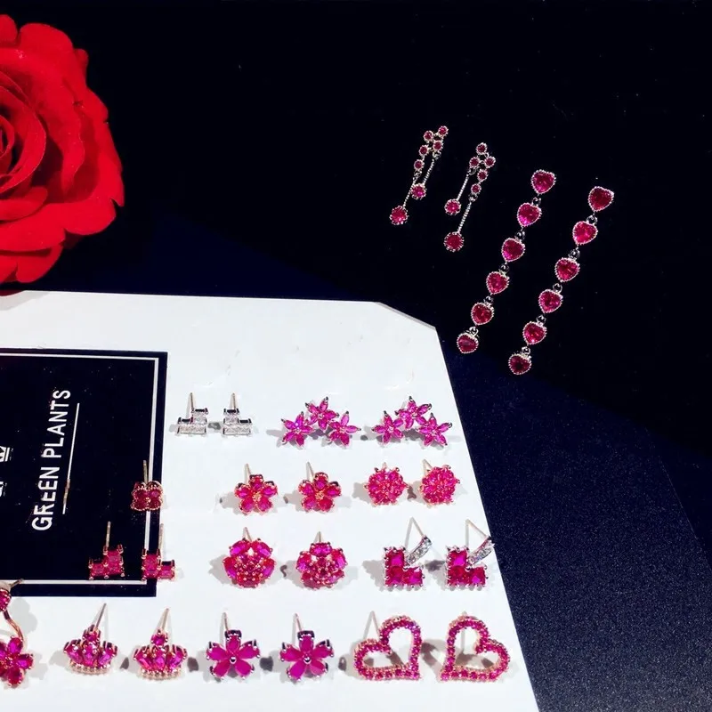 Женские серьги-подвески из стерлингового серебра S925 пробы рубиновое ювелирное