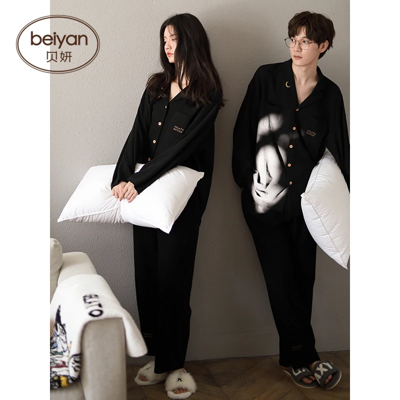 Couple Pajamas Women's Spring and Autumn Cotton Long-Sleeved Fashion Polo Collar Home Wear Large Size Men's Black Couple Suit