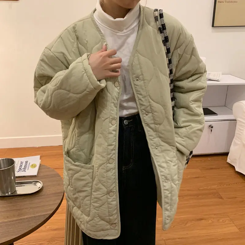 Ardm Casual Oversize Diamond Button-up Quilted Jacket куртка зимняя женская Long Sleeve Pockets Down Cotton Winter Coat Tops