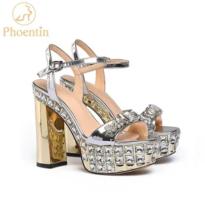 Женские босоножки на высокой платформе, со стразами, на очень высоком каблуке 11 см, с ремешком с пряжкой, с открытым носком, FT768