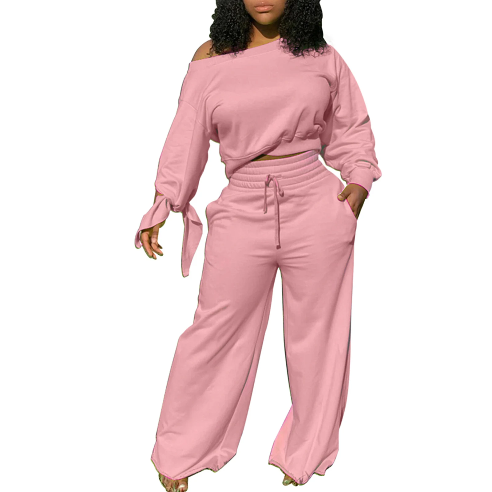 

Casual Two Piece Clothes Classic Solid Color Oblique Shoulder T-shirt High Waist Trousers Fashion Streetwear