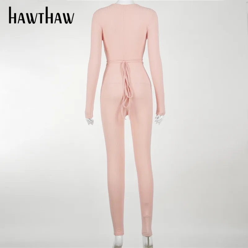 

Hawthaw Women Autumn Winter Long Sleeve Hollow Out Bodycon Soild Color Knitted Jumpsuit Romper Playsuit 2021 Fall Clothes