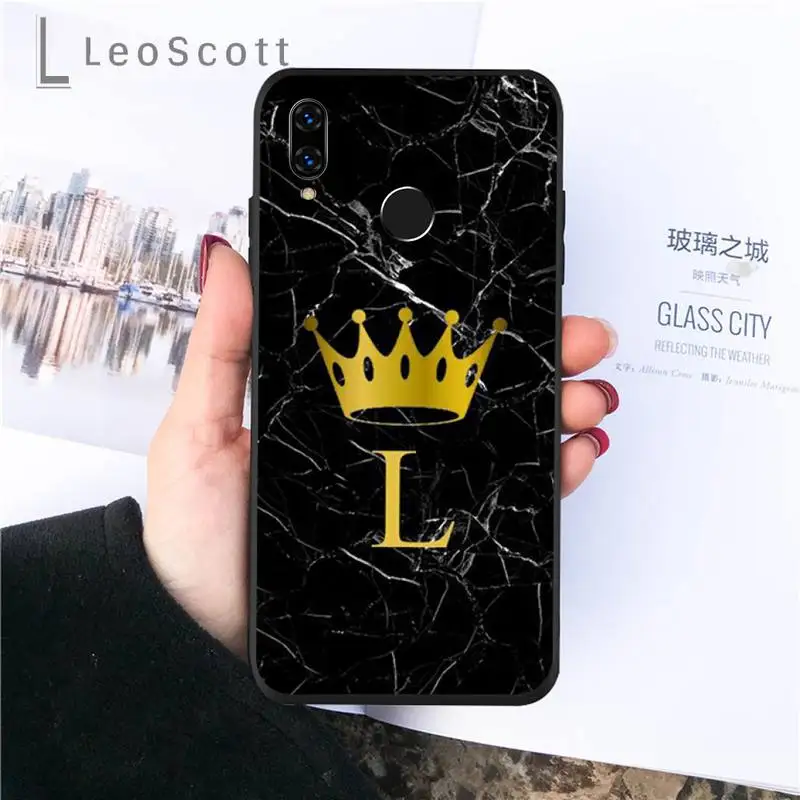 

name Letter Black Marble Gold crown Phone Case For Huawei P9 P10 P20 P30 Pro Lite smart Mate 10 Lite 20 Y5 Y6 Y7 2018 2019