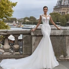 Изящное свадебное платье-Русалка с круглым вырезом, фатиновое платье с аппликациями, летнее пляжное платье невесты с иллюзией на спине
