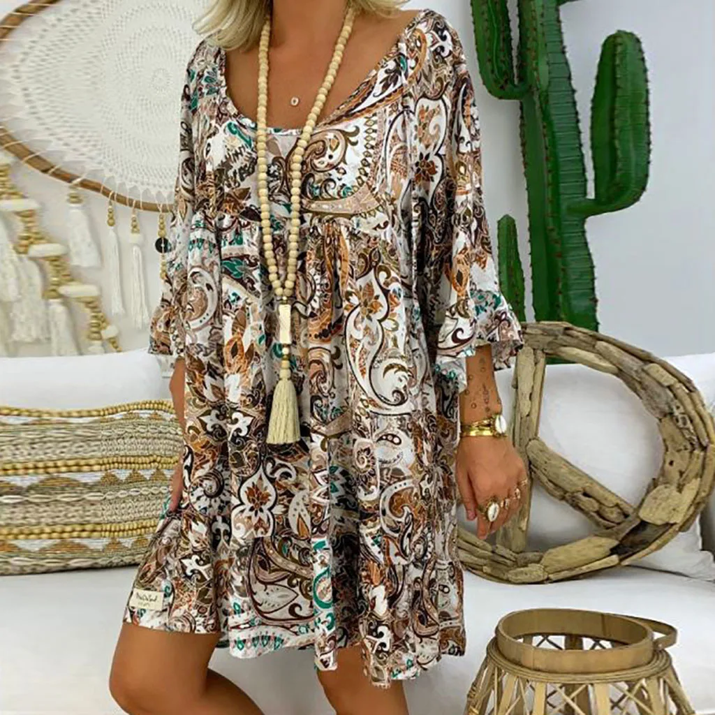 

Floral Printing Dress Women's Casual Loose Dresses Plus Size Long Sleeve V-neck Ladies Club Party Sundress Vestido Verano Mujer