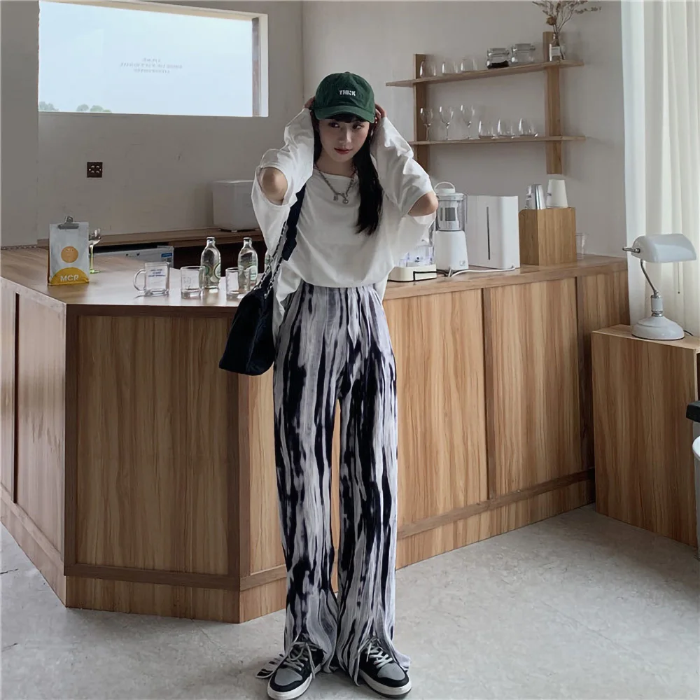 

Slit Mopping Pants Women Retro Tie-Dye High Waist Drape Straight-Leg Pants Spring Thin Casual Wide-Leg Pants Trousers For Women